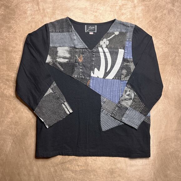 Vintage 90s Zumi Patchwork Animal Print Tunic Top Black Blue Denim V Neck Boho - Picture 1 of 8